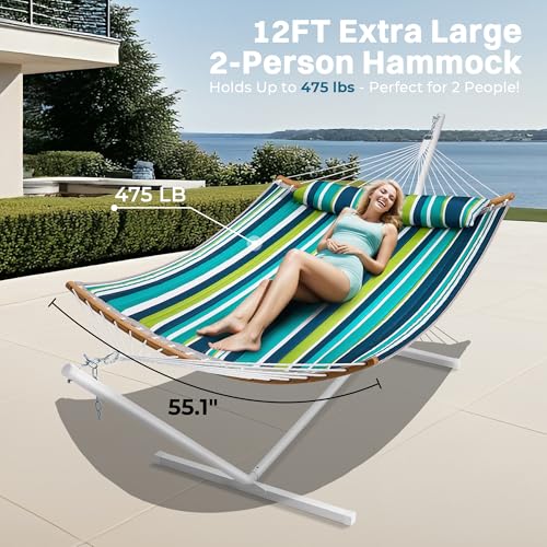 SUPERJARE Curved-Bar Hammock with Stand, 2 Person Heavy Duty Hammock Frame, Detachable Pillow & Portable Carrying Bag, Perfect for Outdoor & Indoor, Blue-Green Stripe - color: Blue-green Stripe