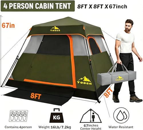 3/4 Person Camping Tent with 1 Door, 4 Windows, and Upgraded Ventilation– Instant Setup, Waterproof, 8'x 8'x 67''Oxford Fabric Floor Pop Up in 60 Seconds Includes Rainfly and Backpack - color: 4 Person Army Green