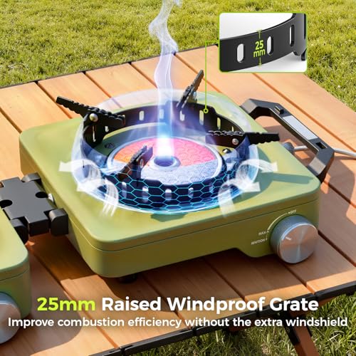 MoKo Propane Camping Stove 2 Burner, 36,000 BTU Infrared & Open Flame Hybrid, Windproof Folding Portable Outdoor Gas Cooking Kit with Frying Pan & Carry Bag For RV, Tailgating, Survival, Green - color: Green