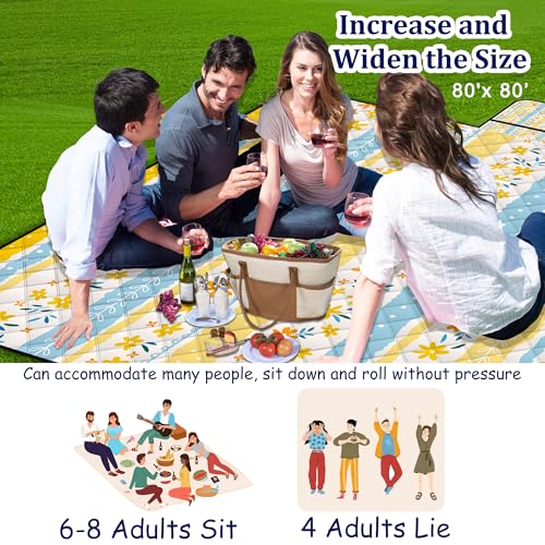 Extra Large Picnic Blanket Waterproof,80"x 80"Foldable Machine Washable Beach Blanket,Outdoor Blanket for 6-8 Adults,Suitable for Indoor Crawling,Park Beach,Camping,Hiking,Family Travel(Floral Print) - color: Yellow Flower, size: 6'8" x 6'8" (Square)