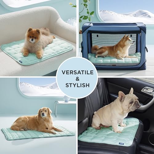 Bedsure Cooling Mat for Medium Dogs, Q-Max>0.5 Thin Breathable Cold Crate Pad for Pet, Portable Washable Kennel bed for Summer Active Dog With Chill Cool Soothing Fabric to Rapid Cooling, 29x21, Green - color: Light Green, size: 29" x 21" (Medium)