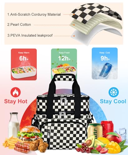 Insulated Lunch Bag for Women, Double Leakproof Lunch Box Soft Cooler Tote with 5 Pockets, 600D Oxford, EVA Lining, Adjustable Strap for Work, Picnic, Beach&Travel- Corduroy Black Checkered - color: Corduroy Black Checkered Pattern, size: Double