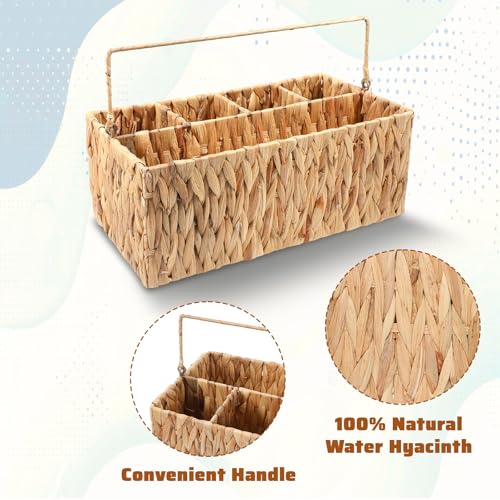 LLOUSSAK Utensil Caddy, Outdoor Silverware Caddy with Handle, Wicker Utensil Holder for Party, Woven Divided Picnic Basket as Cutlery Holder, Outdoor Party Essentials (5 Compartments)
