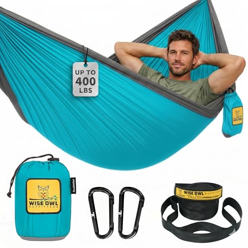 Wise Owl Outfitters Camping Hammock – 500lbs Portable Hammock with Tree Straps - Travel, Backpacking, Hiking, Outdoors Camping Gear - Single or Double - color: Blue & Grey, size: Single