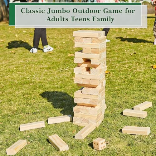 Olsa Giant Tumble Tower 60 PCS Wooden Block Stacking Games with Carrying Bag Classic Indoor & Outdoor Games for Adults Family Backyard Lawn Beach Camping (Stack from 2.2 Ft to 5Ft) - style: L-Up to 5FT
