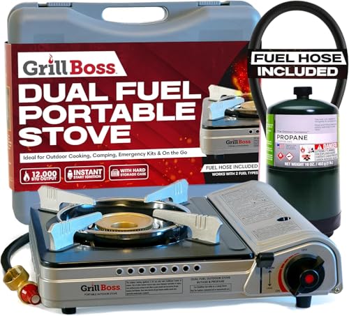 Grill Boss Dual Fuel Camp Stove - 12,000 BTU Butane & Propane Portable Stoves for Camping, Emergencies, BBQ, Hiking & Backpacking - Double Wind Guard, Instant Piezo Ignition System - 90057 - style: Stove2025