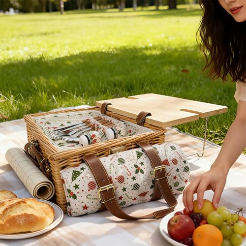Wicker Picnic Basket Kit Set for 2 Adults with Blanket and Folding Wine Table,Multifunctional Picnic Set Insulated Portable Storage Capacity Full Tablewares,Camping,Outdoor,Wedding Gifts,Beach - color: Steaming Color2