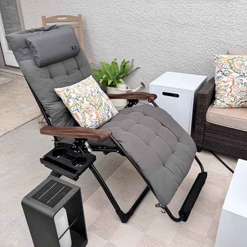 PURPLE LEAF Oversized Outdoor Reclining Chair Patio Zero Gravity Chaise Lounge Folding Chair with Removable Cushion Adjustable Headrest for Lawn Camping Beach Pool Grey - color: Grey - 1 Chair, size: Oversized – Thick Cushion