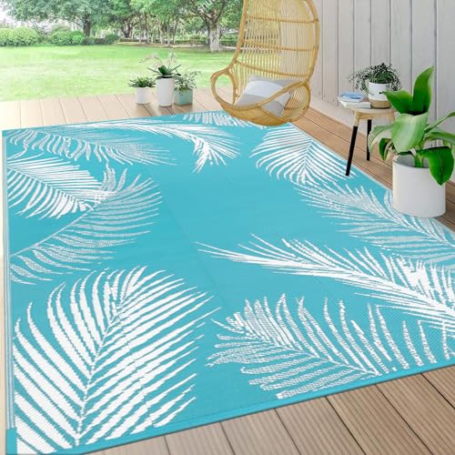 Pauwer Waterproof Outdoor Rug 5x8, Reversible Plastic Straw Patio Camping Rug, Indoor Outdoor RV Mat Carpet for Deck, Camper, Porch, Balcony, Backyard, Picnic, Leaf Teal - color: Leaf Teal, size: 5' x 8' (Rectangular)