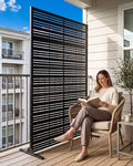 Outdoor Privacy Screen 72" H x 47" W | 37lb Heavy-Duty Metal Fence Panel, Matte Black | Freestanding with Expansion Anchors for Patio, Balcony, Pool, Deck — Modern Slatted Design - color: Matte Black