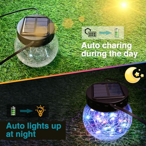 kolpop 6 Pack Solar Lantern Outdoor Lights, Multi-Coloured Solars Lanterns with 30 LED, Crackle Glass Ball Waterproof Hanging Solar Lights for Garden Decor Patio Fence Yard Christmas Tree Decoration - color: Multicolor, size: 6 Pack
