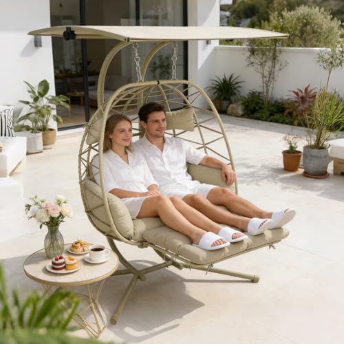 Double Egg Chair Outdoor with Stand & Canopy,Hanging Loveseat Hammock Swing Chair with Leg Rests & UV Resistant Cushion,Patio Swinging Chair,600LBS Capacity for Bedroom Balcony Garden - color: Double Chair & Footrest & Canopy, size: Khaki Frame&Floral Cus