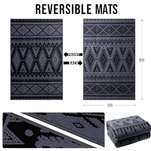 OLANLY Outdoor Rug Waterproof 5x8 ft, Reversible Outdoor Plastic Straw Rug, Boho Patio Rug, Indoor Outdoor Carpet, RV Mat Outside for Patio, Camp, Picnic, Balcony, Deck, Backyard, Black & Grey - color: Black & Grey, size: 5' X 8' (Rectangular)