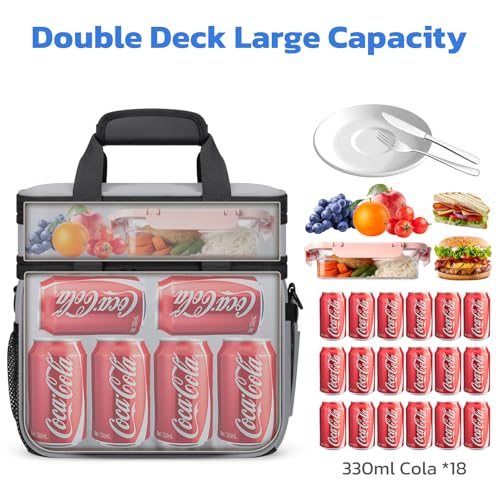 Maelstrom Lunch Box, 20L Insulated Lunch Bag for Men Women, Expandable Double Deck Leakproof Cooler Bag with 6 Pockets, Reusable Lunch Tote Bag for Work, Picnic, Travel, Grey - color: Grey
