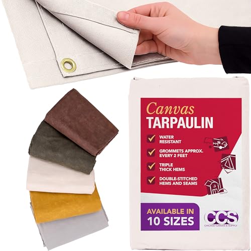 CCS Waterproof Canvas Tarp Cover – Heavy Duty Duck Cloth, Waxed Canvas Tarpaulin with Rustproof Brass Grommets for Camping, Construction, Equipment & Outdoor Use (White, 8x12 Ft) - color: White, size: 8 by 12 Feet