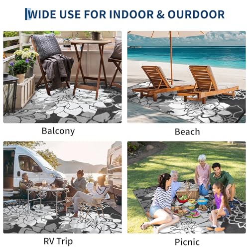 GarveeHome Outdoor Rug Waterproof 9x12 Reversible Outdoor Plastic Straw Rugs Tropics Floral Patio Rug Indoor Outdoor Carpet RV Mat for Deck Backyard Patio RV Camping Beach, Black and White - color: Floral|black&white, size: 9' x 12' (Rectangular)