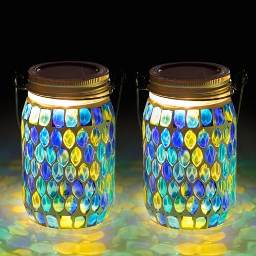 Starsoul 2 Pack Solar Lanterns Outdoor Waterproof, Decorative Teal Mosaic Glass Outdoor Lantern, Hanging Solar Garden Lights for Outside Pathway Patio Porch Yard Table, Gifts for Women Mom Grandma - color: Teal-2PC