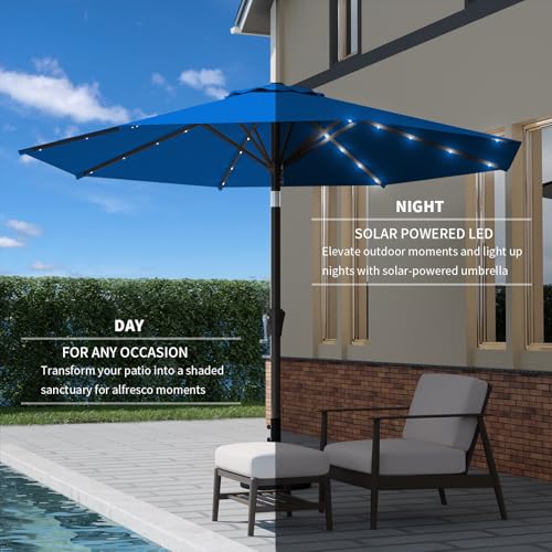 9FT Patio Umbrella with Solar Lights,Outdoor Market Umbrella with Tilt and Crank, LED Lighted Table Umbrella for Garden,Deck,Backyard,Pool,Beach (Royal blue) - color: Royal blue