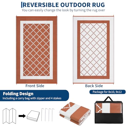 Garvee Patio Rugs Outdoor 9x12 Plastic Straw Rug Modern Trellis Reversible Camping Carpet, Waterproof Outdoor Mat with 4 Stakes and Storage Bag for RV, Picnic, Backyard, Deck, Balcony, Porch, Beach - color: Geometric|terracotta, size: 9' x 12' (Rectangula