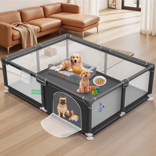 71x59x26 Inches Puppy Playpen with Gate, Dog Playpen for Puppies or Small Dogs, Sturdy Safety Dog Fence Pet Playpen with Thickened Fabric, High-Strength Nylon Wire Mesh for Indoor & Outdoor,Washable - color: Grey-Extra Large
