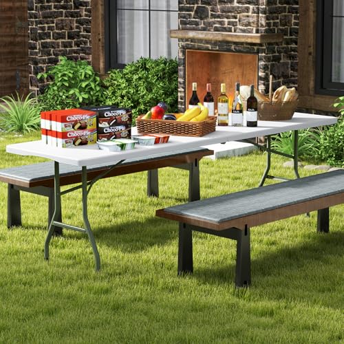 Goplus 8ft Plastic Folding Table, 350 LBS Outdoor Heavy Duty Folding Tables with HDPE Tabletop, Handle, Lock, Foldable Rectangle Portable Utility Card Table for Picnic, Party, Camping, Dining - color: White, size: 96.5" x 29" 29.5"