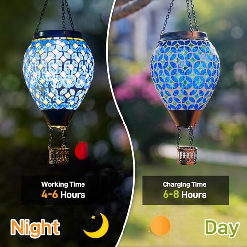 Mosaic Hot Air Balloon Solar Lantern with Flickering Flame, Blue Mosaic Hanging Solar Lantern Lights Outdoor Waterproof for Garden Patio Gifts for Women Mom Grandma - color: A_Mosaic Blue