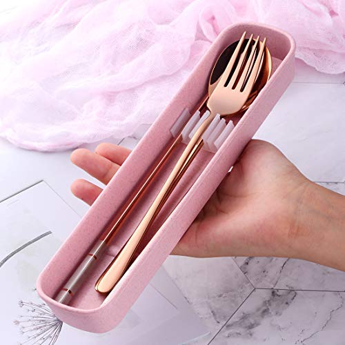 3 Piece Portable Flatware Set, Chopsticks, Fork and Spoon with Travel Case, Rose Gold - color: Rose Gold
