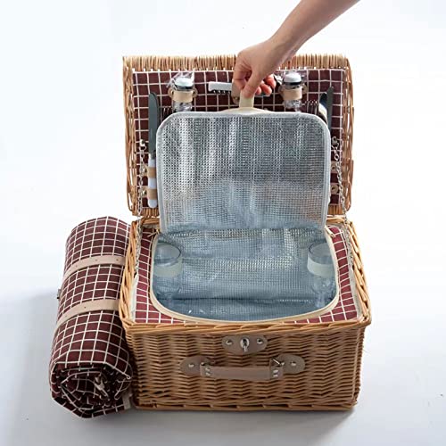 Willow Picnic Basket Set for 4 Persons with Large Insulated Cooler Bag and Waterproof Picnic Blanket, Wicker Picnic Hamper for Camping,Outdoor,Gift,Wedding,Valentine Day,Red - color: Red