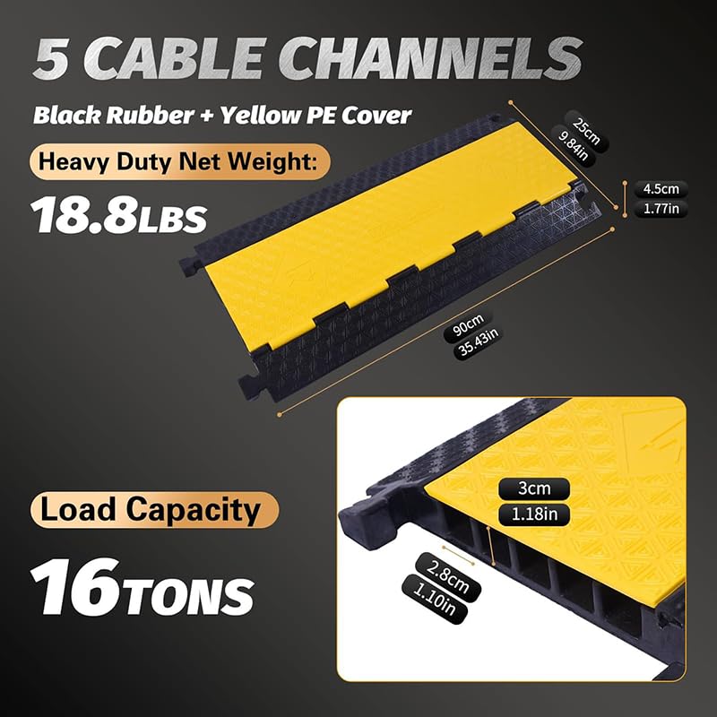2Pack 39600lbs Load Capacity Cable Ramps Cable Protector Ramp Heavy Duty Rubber Hose Protector Ramp Speed Bump Outdoor (5 Channels, Yellow & Black - size: 5 Channels-2PC