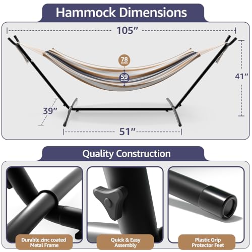 Sorbus 2-Person Hammock with Stand – 60" Cotton Blend Bed, Heavy Duty 450lbs Capacity, Portable with Carrying Case – for Garden, Patio, Outdoor, Camping, Gifts – Washable - color: Desert-brown Blue