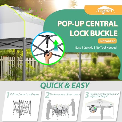 COBIZI 10x10 Pop Up Canopy Tent 1-Button Push Easy up Outdoor Canopy Instant Portable Commercial Shelter Waterproof UPF50+ Gazebo with Reflective Strip, Air Vent & 4 Sandbags,White - color: White(1-year warranty), size: 10x10ft with No Sidewalls