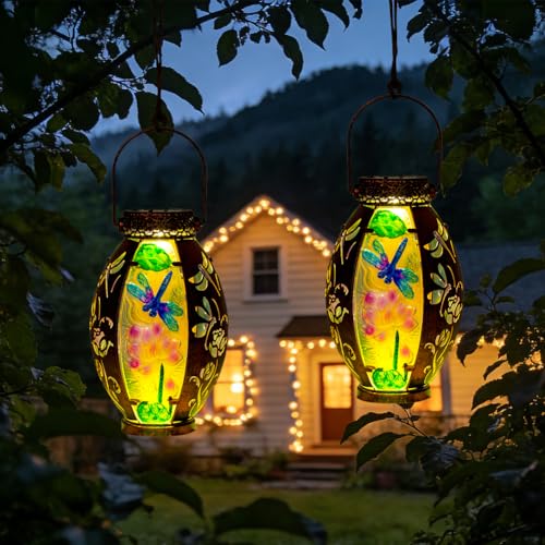 STARSOUL 2 Pack Solar Lantern Outdoor Waterproof, Hanging Solar Lantern for Patio Garden Yard Decor, Dragonfly Garden Decor, Dragonfly Gift for Women - color: Dragonfly-B