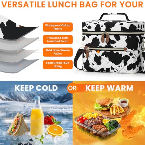 Tenot Insulated Lunch Box for Women Reusable, Leak Proof Cooler Lunch Bag Women for Work Stylish Quilted Lunch Tote Bag for Adult Picnic Travel Hiking Cow Print - color: Cow Print