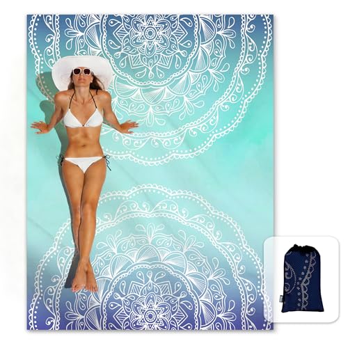 Sunlit Silky Soft Sand Proof Beach Blanket 106"x81" / 85"x72" Sand Proof Mat with Corner Pockets and Mesh Bag for Beach Party, Travel, Camping and Outdoor Music Festival, Mandala - color: Ombre Blue, size: 85"x72"