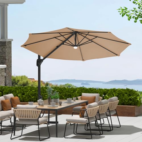 10ft Cantilever Patio Umbrella with Base - 360° Rotation & Adjustable Tilt - Heavy-Duty Waterproof Canopy - Rust-Resistant Aluminum Frame - Windproof Offset Sun Shade for Garden, Deck, Pool, or Backyard - Grey or Beige - color: Tan