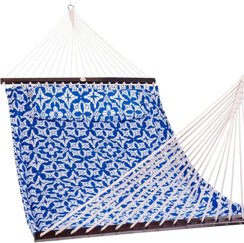 Lazy Daze Hammocks 12FT Quilted Fabric Hammock with Soft Pillow, Double 2 Person Tree Hammock with Spreader Bar for Outside Patio Poolside Backyard Beach, 450lbs Capacity - color: Floral Navy