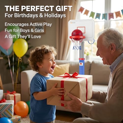Toddler Basketball Hoop with Ring Toss Game, 2-in-1 Adjustable (2.5–5.5 Ft) Indoor & Outdoor Kids Basketball Set with Mini Balls, Rings, Pump & Stable Base Sports Toy for Boy & Girl Age 1-5