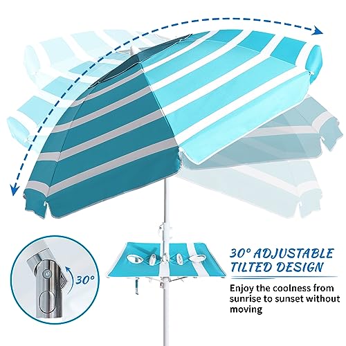 Beach Umbrella - Beach Umbrella for Sand Wind Portable with Tilt Pole, 6.56 FT Arc Length 5.9 FT Diameter, Heavy Duty Wind Resistant Striped Large Umbrellas, UV 50+ Parasol with Anchor Screw Adjustable Height