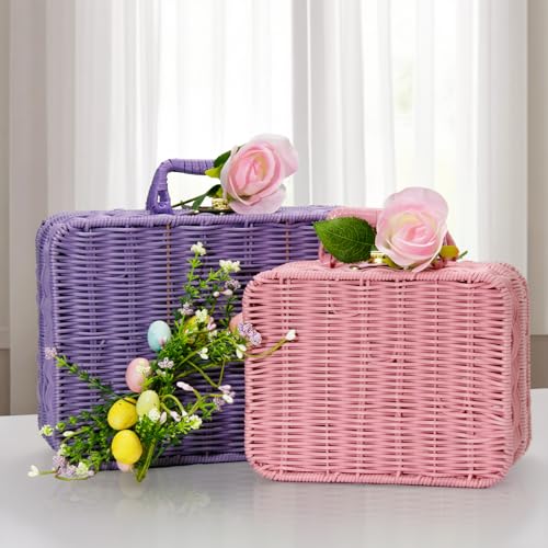 Mini Wicker Picnic Basket, Decorative Prop Suitcase Vintage Storage Hamper Makeup Organizer, 8.7" Metal Lock Rattan Storage Box with Handles for Sundries Travel Camping and Outdoor Party (Purple, S) - color: Purple, size: Small