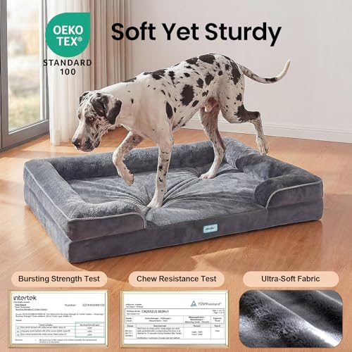 OhGeni Orthopedic Dog Bed Couch Big Cat Sofa for Jumbo Sized Pets with Memory Foam, Machine-Washable Waterproof Removable Cover, Soft Comfortable Fabric, 52-inch (Gray) - color: 01-Gray, size: 52"x41"x9"