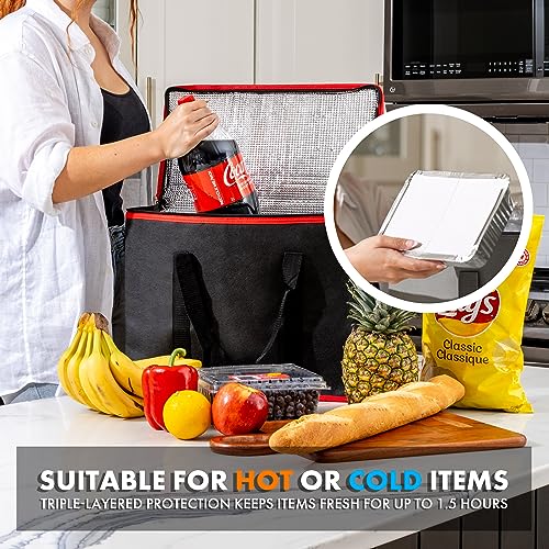Carrywell (Not Made In China) Insulated Reusable Grocery Bags 2-Pack, Catering and Delivery Bag For Hot and Cold Food, Collapsible Thermal Tote For Doordash - color: Black With Red Trim, size: 2 pack, style: XL Insulated