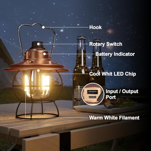 LED Camping Lantern Rechargeable Dimmable, Portable Vintage Outdoor Lantern 2700-6500K Waterproof, Hanging Retro Lamp Indoor Outdoor for Garden, Hiking, Emergency, Copper - size: Copper