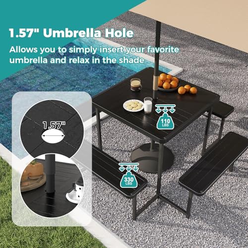 Giantex Picnic Table Bench Set for 4-8 People, 34" Outdoor Square Dining Table & 2 Benches w/Umbrella Hole, HDPE Tabletop, Metal Frame, Patio Camping Furniture for Backyard Porch Lawn (Black,Square) - color: Black, size: Square-34"x34"x30"