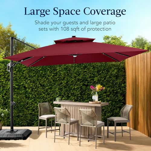 Best Choice Products 9x12ft LED Cantilever Patio Umbrella w/Base Included & 360° Rotation, Large Solar Offset Hanging Outdoor Sun Shade for Deck, Backyard Table w/Stand & Lights – Burgundy - color: Burgundy, size: 9x12ft
