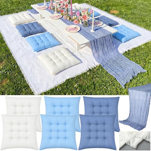Extra Large Outdoor Picnic Blanket with Table Runner and Floor Pillow Cushion for Picnic Wedding Birthday Baby Shower Backyard(91 x 71'',Blue,White,6-Person) - color: Blue,white