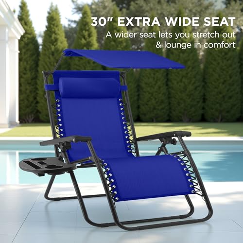 Best Choice Products 30” Wide Folding Zero Gravity Outdoor Recliner Patio Lounge Chair w/Adjustable Canopy Shade, Headrest, Side Accessory Tray - Cobalt Blue - color: Cobalt Blue, size: Oversized Extra Wide