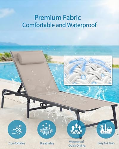 Foldable Chaise Lounge Chair with Cup Holder, Assemble-Free Outdoor Lounge Chair with Detachable Pillow and 6 Adjustable Backrest, Patio Lounge Chair for Outside Poolside Beach Pool, Khaki - color: Khaki, size: 1-Pack