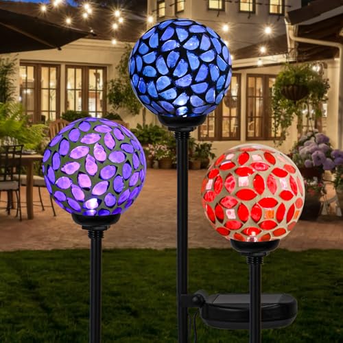VCUTEKA Solar Garden Decorative Lights Outdoor, Mosaic Solar Light Waterproof LED Pathway Stake Light for Landscape Patio Yard Deck Walkway Decoration, 3 Pack （Blue&Purple&Red） - color: Blue&Purple&Red