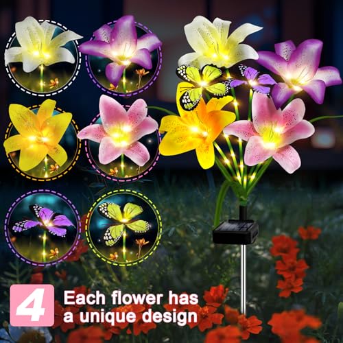 ostritec Solar Garden Lights Outdoor, 4 Pack Flower Lights for Outside, 16 Solar Lilies with Butterflies, Waterproof Garden Decor for Yard, Patio, Gifts for Women Mom (4 pcs Lilies) - style: Lilies-4 Pack