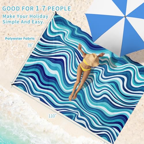 Beach Blanket 78''×110'' Suits 1-7 Adults Waterproof Sandproof Oversized Lightweight Sand Free Beach Blanket Large Picnic Mat for Travel Camping Picnic Hiking - color: Waves, size: 78''x110''